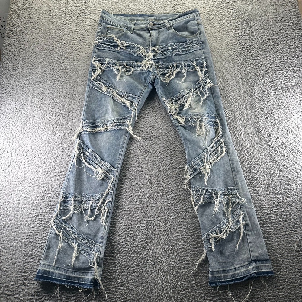 Manfinity Jeans Mens M Blue Cotton Denim Bootcut Distressed Raw Hem Stretch